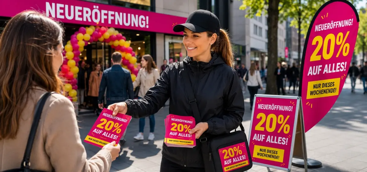 Promoterin verteilt Flyer an Passanten in der Fußgängerzone